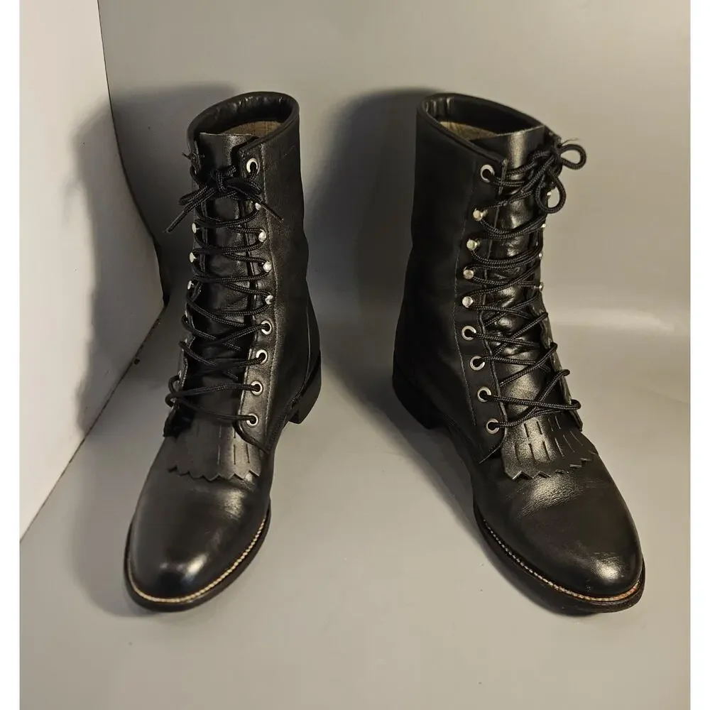 VTG Justin 506 Boots Mens 8 D Black Leather Kiltie Lace Roper Lacer Western USA